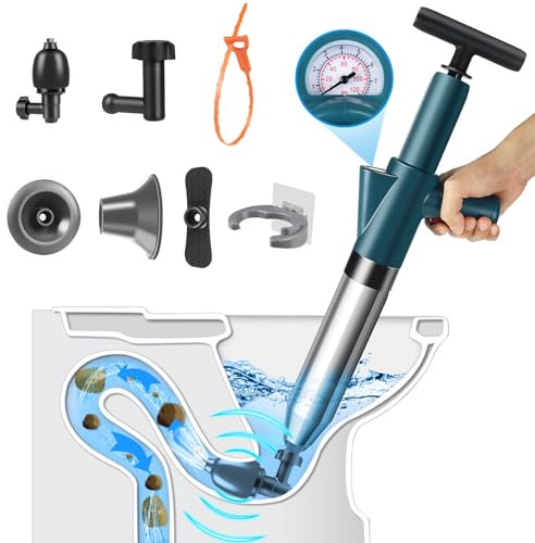 LightingWill High Pressure Toilet Plunger Set, Toilet Unblocker Heavy Duty with A Holder and 4 Replaceable Heads, Toilet Unblocker Tools for Unblocking Toilet Bathtub Shower Floor Drain and Pipe Clog