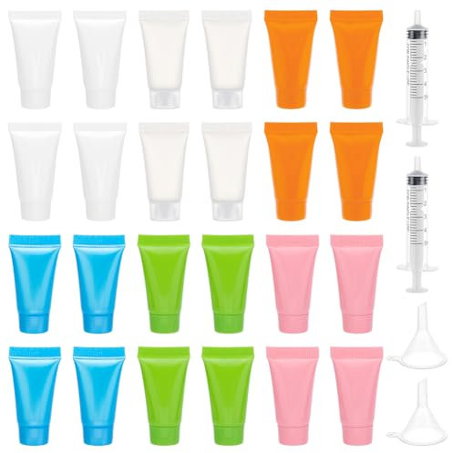 BENECREAT 24 Tubes de Lotion Vides en Plastique de 6 couleur 5 ml Bouteilles Souples Rechargeables avec entonnoir et seringues Sans Aiguille pour la Distribution de Lotions Corporelles