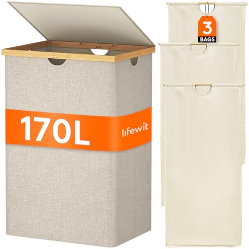 Lifewit 170L Grande Cesto Ropa Sucia con Tapa de Bambú, Cesta Ropa Sucia con Asas, Cubo Ropa Sucia Plegable con 3 Secciones y Bolsa Lavable Extraíble, Laundry Basket para Baño, Lavadero, Beige