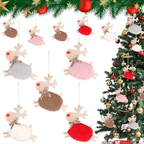 10 Pcs Christmas Wooden Wool Felt Reindeer Wool Elk Pendants Plush Elk Hanging Ornaments Elk Christmas Tree Decorations Christmas Felt Elk Deer Pendants Crafts for Winter New Year Party Home Decor DIY