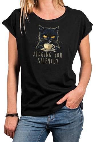 MAKAYA Lustiges Katzenshirt für Damen Kaffee Shirt mit Katze Sprüche Top Judging You Silently