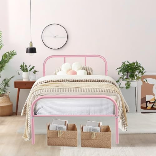 Homy Casa Single Bed Frame Metal Slatted Bed with Headboard and Footboard, Strong Iron Bedstead Base for Adults, Teenagers, PINK