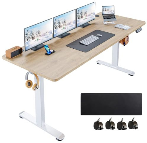 KORGOL Elektrischer Stehpult, höhenverstellbar, für Heimbüro, Computer, Arbeitsplatz, Speicher, voreingestellt mit Rollen, rustikale Eiche, 178 x 61 cm