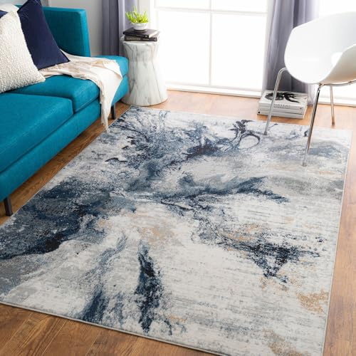 Livabliss New York Abstract Rug - Area Rugs Living Room 140x200 cm, Dining Room, Lounge, Kitchen, Bedroom - Modern Marble Large Rug, Soft Luxurious Easy Care Medium Pile, Blue, Grey and Beige