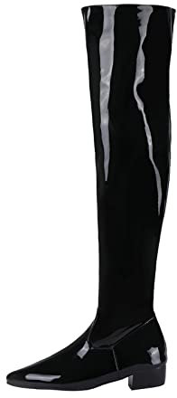 Stivali Moda da donnaStivali Alti al Ginocchio da Donna Tacco Medio Stivali a Punta in Pelle Verniciata con Zip Laterale sopra Il Ginocchio Stivali