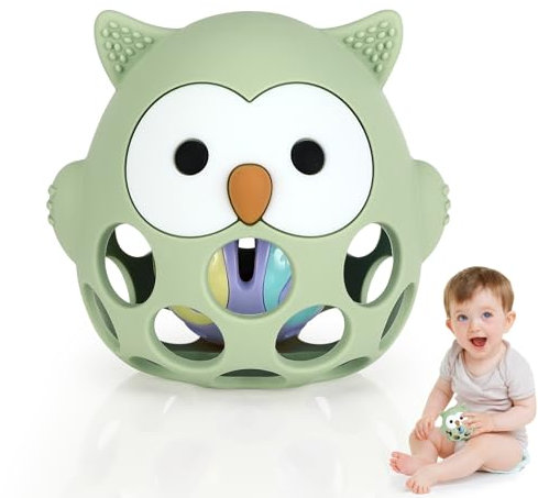 Zikenis Teething Ring Baby Toy, Montessori Spielzeug, Greifball Für Babys, BPA-Free Teething and Grasping Toy for Senses and Chew Development, Baby Geschenk Für Babys Von 3-18 Monaten(Olivgrün)