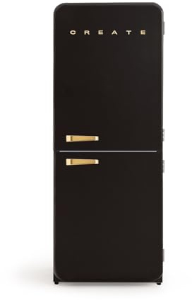 CREATE / RETRO FRIDGE COMBI 185 GOLD/Frigorifero combinato nero con maniglia dorata e congelatore, capacità 401L / 190W, No Frost, 3 ripiani, 2 cassetti, dimensioni 70x65x185 cm