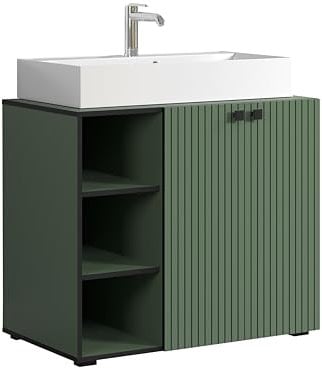 trendteam smart living - PureBliss - Waschbeckenunterschrank - Grün - Rillenoptik - 3 offene Fächer + 1 Einlegeboden + 80cm Aufsatzwaschbecken - (BxHxT) 90 x 91 x 53cm - edle Metallgriffe
