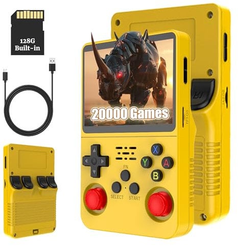 KINMRIS R36S Retro Handheld Spielkonsole, Retro Konsole 3,5-Zoll-IPS-Bildschirm, 128 G über 40.000 Spiele, tragbare Spielkonsole für Kinder und Erwachsene, unterstützt mehrere Emulatoren (GELB)