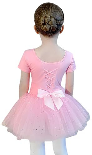 HANERDUN Girls Ballet Tutu Dress Cotton Short Sleeve Sequines Ballet Outfit Costume Dancewear with Skirt Pink