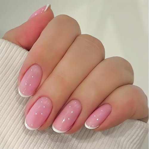 Pink Press on Nails French Tip - Short Almond Press on Nails - 24Pcs Pink False Nails Almond Glossy Cute - Full Cover French Tip False Nails - Stick on nails for Women