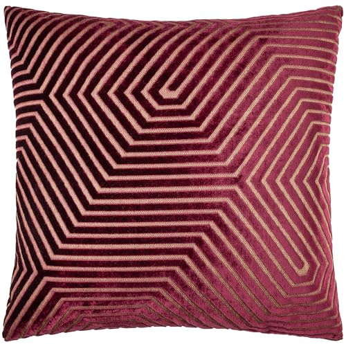Paoletti Evoke Velvet Feather Filled Cushion – Luxurious Chevron Pattern Decorative Square Pillow With Filling (Burgundy - 55x55cm)