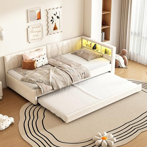 Dolamaní Ausziehbett 90x200 cm mit LED und USB+Typ C, Tagesbett Ausziehbar mit Lattenrost, Kinder Jugendbett Funktionsbett Einzelbett Leinen Ohne Matratze (Beige B)