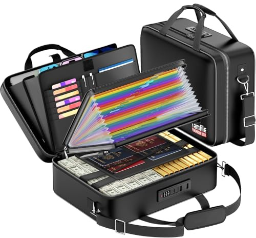 Tamfile Feuerfeste Dokumentenbox mit Schloss, Hartschalenkoffer, feuerfest, wasserabweisend, Datei-Organizer mit 24 bunten Fächern, feuerfeste Box für wichtige Dokumente, Wertsachen, Laptop
