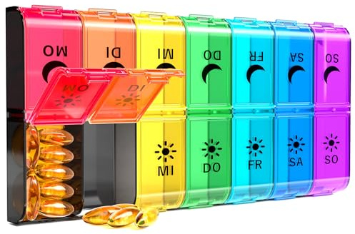 Daviky Tablettenbox 7 Tage Morgens Abends, Medikamentenbox mit 14 Fächern, Große Pillendose 2 Fächer pro Tag, BPA-frei, Leicht zu Öffnen, Für Vitamine und Medikamente, Regenbogen