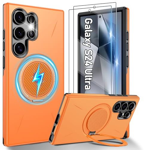 Gritup für Samsung Galaxy S24 Ultra Hülle für Magsafe mit 2 Stück HD-Bildschirmschutz, eingebauter Kickstand, Dual Layer Stoßdicht, Kamera Guard,Schutz in Militärqualität for S24 Ultra Case-Orange