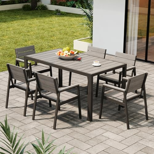 Devoko Gartenmöbel Set 6 stühle mit tischt, Hochwertiges Gartenset Tisch und stühle in Holzoptik, Balcony Furniture alu, Gartengarnitur wetterfest, rostfrei, leicht und langlebig, Dunkelgrau.