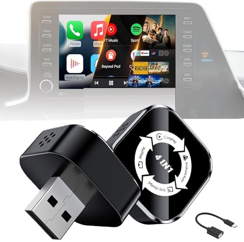 Jiheng 4-in-1 Carplay Wireless Adapter, Drahtloses CarPlay + AirPlay + Android Auto + MirrorLink | Plug-&-Play für iPhone 10+ & Android 11+ | USB-A & Typ-C Dual-Ports (Schwarz-Weiß)