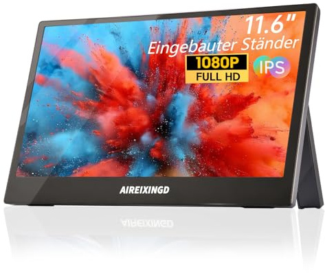 AIREIXINGD 11.6 Portable Monitor Gewicht 450g 1920x1080P FHD IPS Tragbarer Monitor,USB-C & HDMI Anschlüssen, Eingebaute Lautsprecher/Stand,Mini Monitor,für MAC,Laptop,Phone,Xbox, PS5.Reisemonitor.