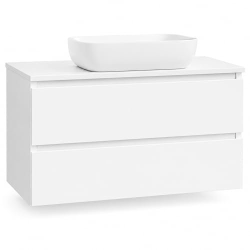 NEBADOON Mueble Baño con Lavabo sobre Encimera Mueble Suspendido De 2 Cajones con Cierre Suave Silent System Montado En Acabado Blanco 80 Cm Ancho 45 Cm Fondo 52 Cm Alto