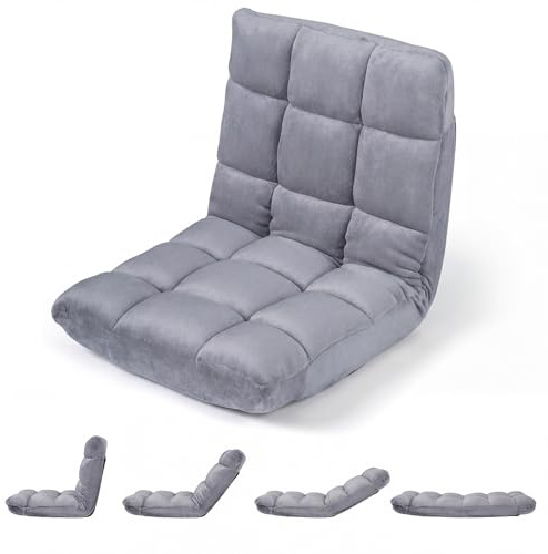 COSTWAY Bodenstuhl mit Verstellbarer Rückenlehne, Bodensessel gepolstert, Bodenkissen faltbar, Meditationsstuhl, Relaxsessel, Thaikissen für Freizeit, Meditation, Yoga (Grau)