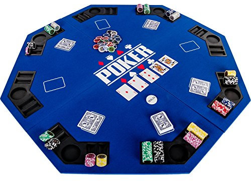 GAMES PLANET Faltbare Pokerauflage „Full House“ für bis zu 8 Spieler, achteckig, Maße 120x120 cm, MDF Platte, Getränkehalter, Chiptrays, Blau