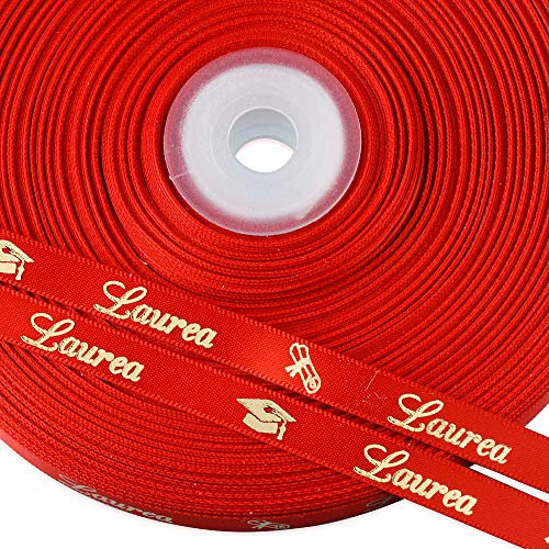 FLOFIA 45mt Nastro Doppio con Scritta Laurea, Raso Rosso per Decorazione Bomboniere, 50 iarda x 9mm