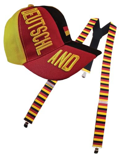 Fußball Klamotten Hosenträger Deutschland mit Hut Deutschland Cap EM WM Herren Fußball Deutschland Fan-Hut Herren Damen schwarz rot Gold
