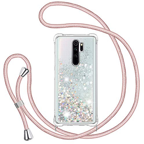 TUUT Handyband für Xiaomi Redmi Note 8 Pro Hülle mit Band, Glitzer Treibsand Handyhülle mit Kordel zum Umhängen Transparent Stoßfest Schutzhülle mit Kette Schnur, Quicksand Necklace Case in Roségold