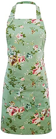 1 PCS Floral Aprons for Women, Adjustable Kitchen Apron Vintage Flower Aprons Baker Chef Apron Floral Canvas Apron Green Bib Apron Chefs Pinafore with Pockets for Cooking Baking Gardening (Green)