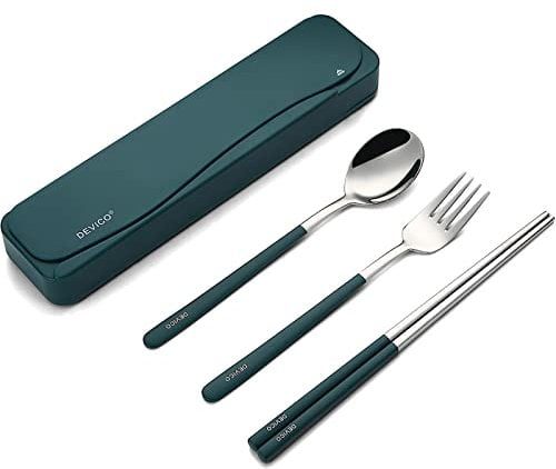 DEVICO Travel Cutlery Set, Camping Cutlery Set for 1, Portable 18/8 Stainless Steel Camping Utensils Include Fork Spoon Chopsticks (Dark Green)