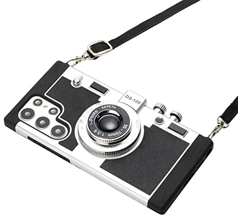 Hokycusvi Emily in Paris Phone Case for Samsung Galaxy S22 Ultra, 3D Retro Camera Phone Cover Crossbody case with Neck Strap for Girls Women Black