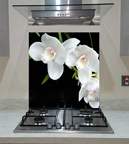 Splashback, Tempered Glass Panel Kitchen, White Orchid on the Black Background ANY SIZE, VA Art Glass (wide 60 x height 80 /cm)