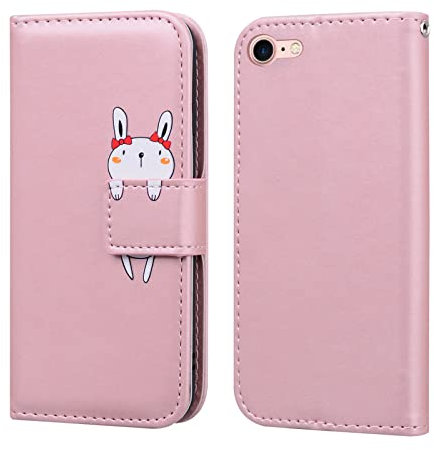 Bartern Flip Case for iPhone SE(2022)/SE(2020),PU Leather Wallet Case with Card Slot Kickstand Magnetic,Cartoon Folio Phone Cover Compatible with iPhone 8/7,Rabbit Pink