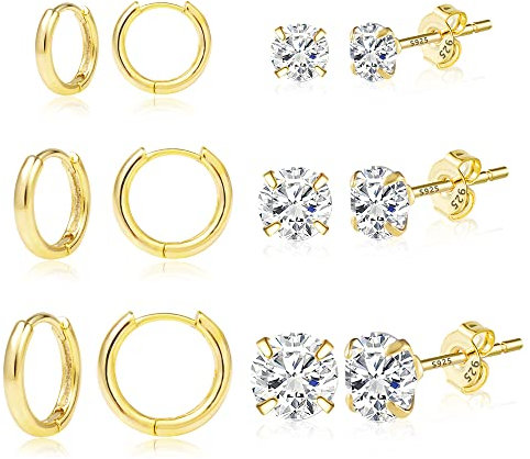 ALEXCRAFT Gold Ohrringe Set Damen, Kleine Gold Creolen AAA+ Diamant Zirkonia Ohrstecker Ohrringe Set, 6 Paar 14K Echt Vergoldete Hypoallergen 925 Knorpel Huggie Creolen Ohrringe Mini Kugel Ohrstecker