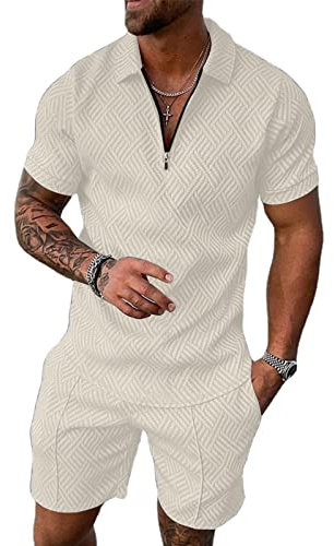 Hoefirm Herren-Trainingsanzug, Poloshirt und Hose, kurzärmelig, mit Reißverschluss, für Jogger, Fitnessstudio, lässig, Laufen, Sport, Sweat-Activewear, 2-teilig, khaki, L