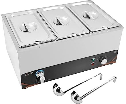 DULNICE Bain Marie Elektrisch 3 GN mit Ablaufhahn, Kommerzieller Buffetwärmer Edelstahl 1500W Speisenwärmer Mit Zwei Löffeln für Kantinen-Cafés,Temperaturregelung 30-85°C