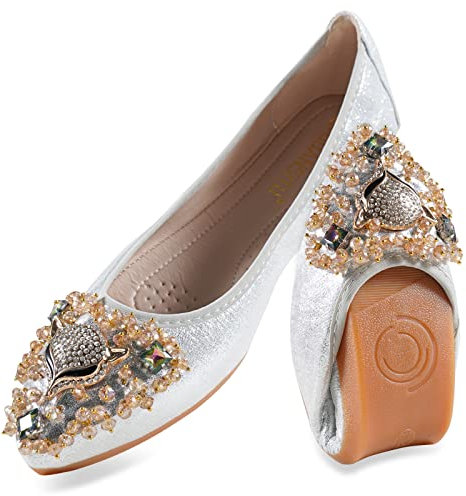 MACHSWON Womens Fold up Pumps Roll up Shoes Foldable Ballet Flats with Sparkly Rhinestone, Portable Ladies Slip On Loafers(Silver, Size 6)