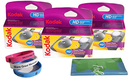 Kodak Power Flash Disposable Single Use Camera 800 ISO 35mm with Flash 27 Exposures (3 Pack) for High Definition (HD) Photos Plus 100% Silicone Wrist Band and a Microfiber Cleaning Cloth