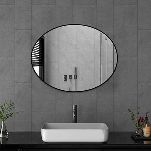 Goezes Schwarz Oval Spiegel 60x80cm groß Rund Wandspiegel Badezimmerspiegel Metallrahmen Badspiegel Badezimmer Wandmontage Schminkspiegel für Badezimmer, Schlafzimmer, Wohnzimmer