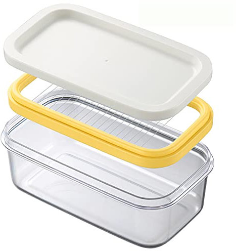Separador de mantequilla de plástico con tapa y cortador de mantequilla, caja de almacenamiento de mantequilla para cortar fácilmente en casa y en la cocina, 16,5 x 9 cm, blanco