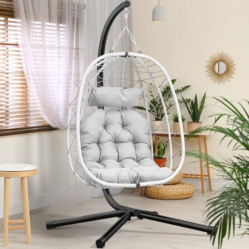 YITAHOME Silla Huevo Colgante con Soporte Carga Máx. 150 kg con Cojín 195x120x108 cm para Interior y Exterior, Resistente Estructura de Ratán para Jardín, Gris