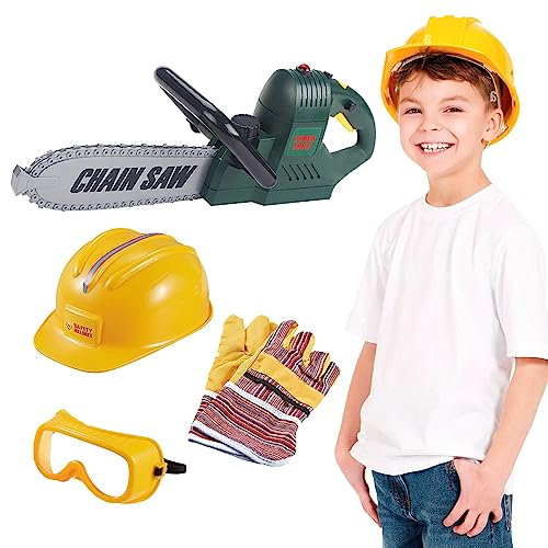 Sobebear 4pcs Kids Chainsaw Power Tool, Construction Play Tool Box Kit With Electric Chain Saw, Gloves, Goggles and Helmet, Pretend Play Toys, Real Educational Tool Kit for Boys Age 3+ Years
