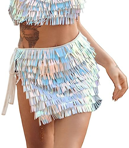 Ushiny Paillettenrock Bunter Rave Rock Holographischer Festival Glänzendes Rave Outfit Funkelnder Bauchtanz Hüftschal für Frauen und Mädchen