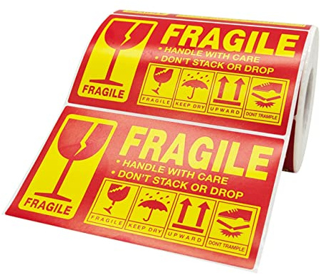 Pegatina de Advertencia Frágil, Rollo de 300 Piezas de Papel | Aplicación Rápida, Adhesivo Fuerte, Impresión Clara, para Envíos, Mudanzas y Etiquetado de Paquetes