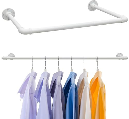 Industrielles Kleiderstangenregal, 81-116 cm Wandmontierte Kleiderstange, Mattweiße Metallgarderobenstangen mit Doppelsockel für Garderobe