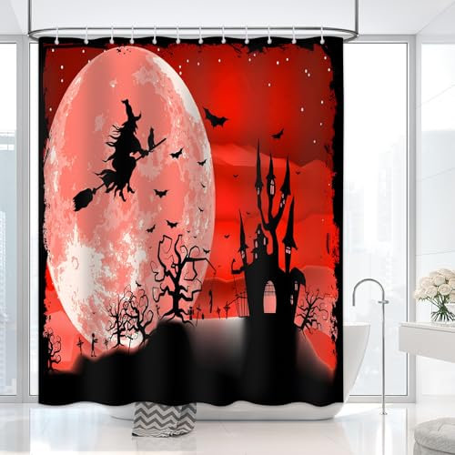 DLTAY Halloween-Duschvorhang, roter Himmel, Mond, Hexe, Fledermäuse, Duschvorhang-Set, Heimdekoration, wasserdichter Stoff, Badewannenvorhang mit 12 Haken, 183 x 183 cm