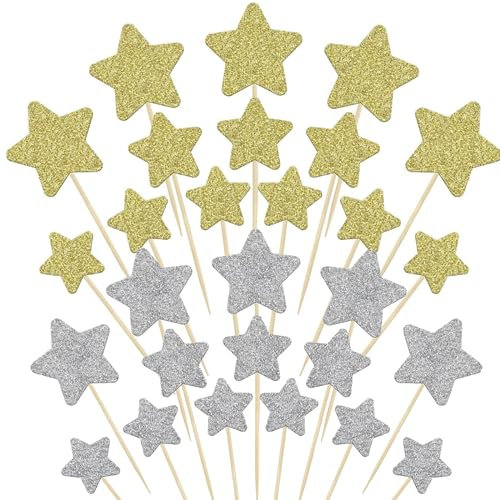 MENGYF 40 Pcs Stars Cake Toppers Glitter Birthday Cake Decorations Same Size Twinkle Little Star Cupcake Toppers for Birthday Cake Decorations Wedding Cake Topper