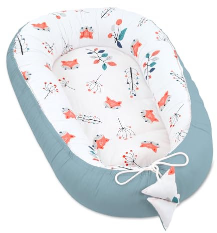 Babynest babynestchen neugeborene mit tragegriff 90 x 50 cm baby nestchen tragbar nest für bett kinder kuschelnest coccon für Jungen und Mädchen Fuchs Salbei