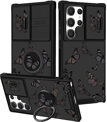 Pegmode (2in1 for Samsung Galaxy S23 Ultra Case for Women Black Butterfly Girly Girls Phone Cases Cute Butterflies Design with Camera Cover+Ring Holder Pretty for Samsung S23 Ultra 5G Cover 6.8''